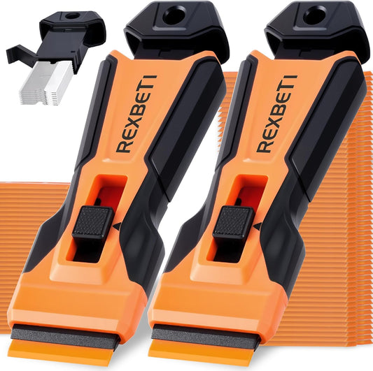 REXBETI Razor Blade Scraper Tool, 2 Pack Razor Scraper with Extra 314Pcs Razor Blades -14Pcs Metal and 300Pcs Plastic Blades, Cleaning Scraper Tool, Cooktop, Paint, Glass Scraper