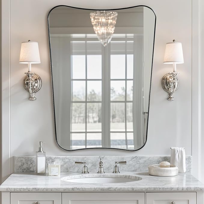 ANDY STAR Brushed Nickel Mirror, 24x32 Inch Bathroom Scalloped Mirror, Anti-Rust Stainless Steel Metal 1’’ Frame, Unique Frame Design Ideal for Bathroom, Entryway, Powder Room