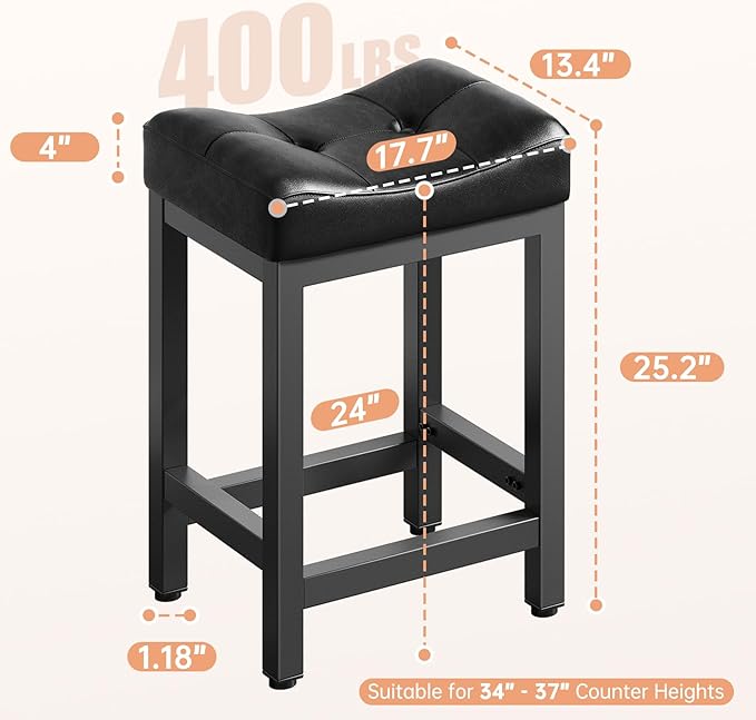 Dripex Backless Faux Leather Saddle Bar Stools Set of 2, 24 Inch Counter Height Barstools for Kitchen Island with 4" Thick Saddle Seats & Heavy Duty Metal Legs, Black