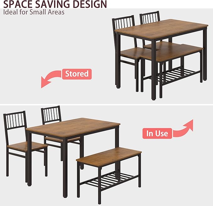 Teraves Dining Table Set for 4/Computer Desk,Kitchen Table with 2 Chairs and a Bench,Table and Chairs Dining Room Set 4 Piece Set for Dining Room (Teak, 110CM)/ 43.31"