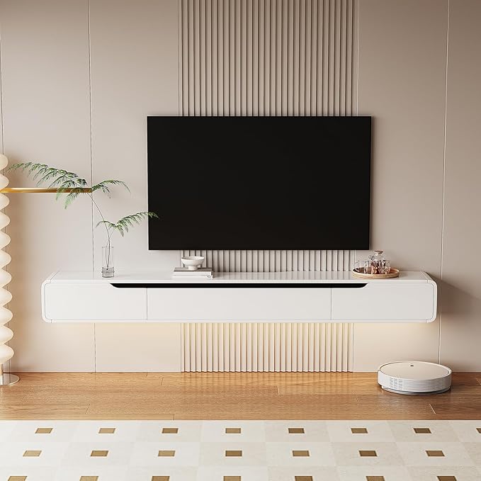 High Gloss Floating TV Stand with 3 Doors,86'' Wall Mounted TV Cabinet,Under TV Console,Floating Media Shelft for Bedroom Living Room(White)