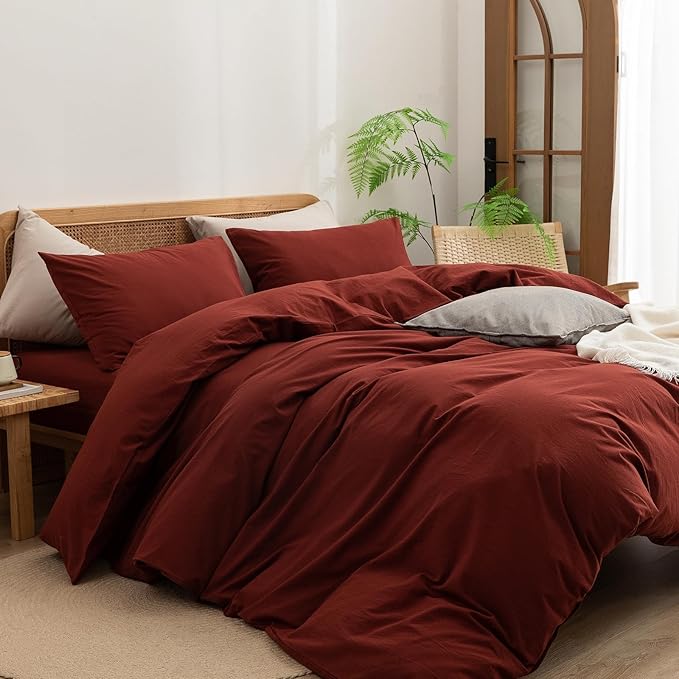 BESTOUCH Duvet Cover Set 100% Washed Cotton Linen Feel Super Soft Comfortable Chic Lightweight 3 PCs Home Bedding Set Solid Fired Brick Red Oversized Full