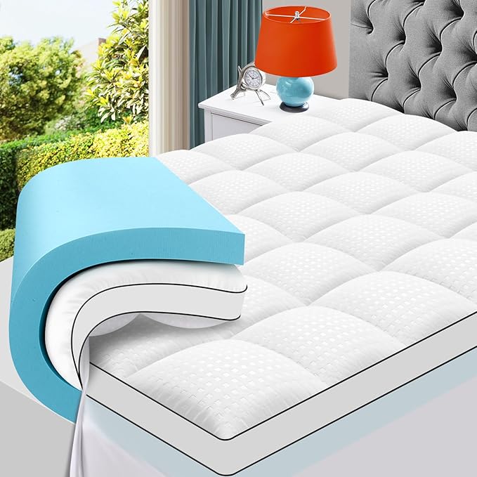 MASVIS Twin XL Size Dual Layer 4 Inch Memory Foam Mattress Topper, 2 Inch Gel Memory Foam and 2 Inch Cooling Pillow Top Mattress Pad Cover for Back Pain, Medium Support