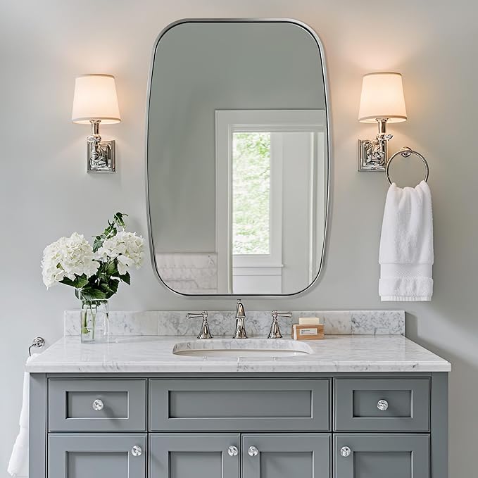 ANDY STAR Brushed Nickel Oval Bathroom Mirror for Over Sink, 24x36 Inch Bathroom Vanity Mirror with Unique Oblong Rounded Corner Tube Metal Frame-Modern Design with Anti-Rust Stainless Steel Frame