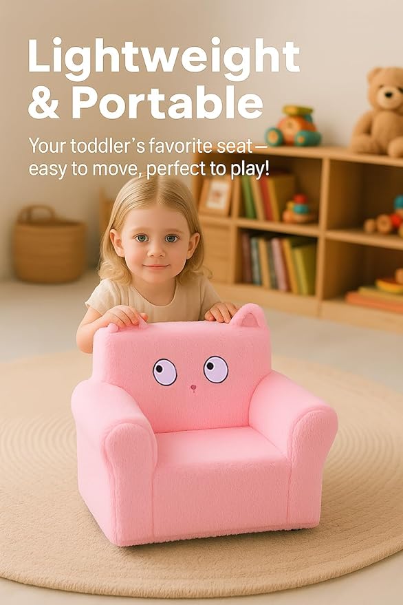 Cute Animal Toddler Foam Chair, Soft Faux Rabbit Fur, Comfy Toddler Lounge Chair and Couch with Arms, Removable Washable Cover, Kids Reading, Relaxing, for Playroom, Bedroom, Ages 1-3, Pink Cat