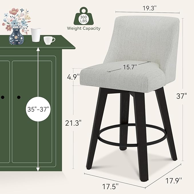 Vipbear Swivel Counter Height Bar Stools Set of 6,26.8" H Counter Stools with Back, Mid Century Modern Bar Stools for Kitchen Island,Linen Fabric,Wooden Base, White