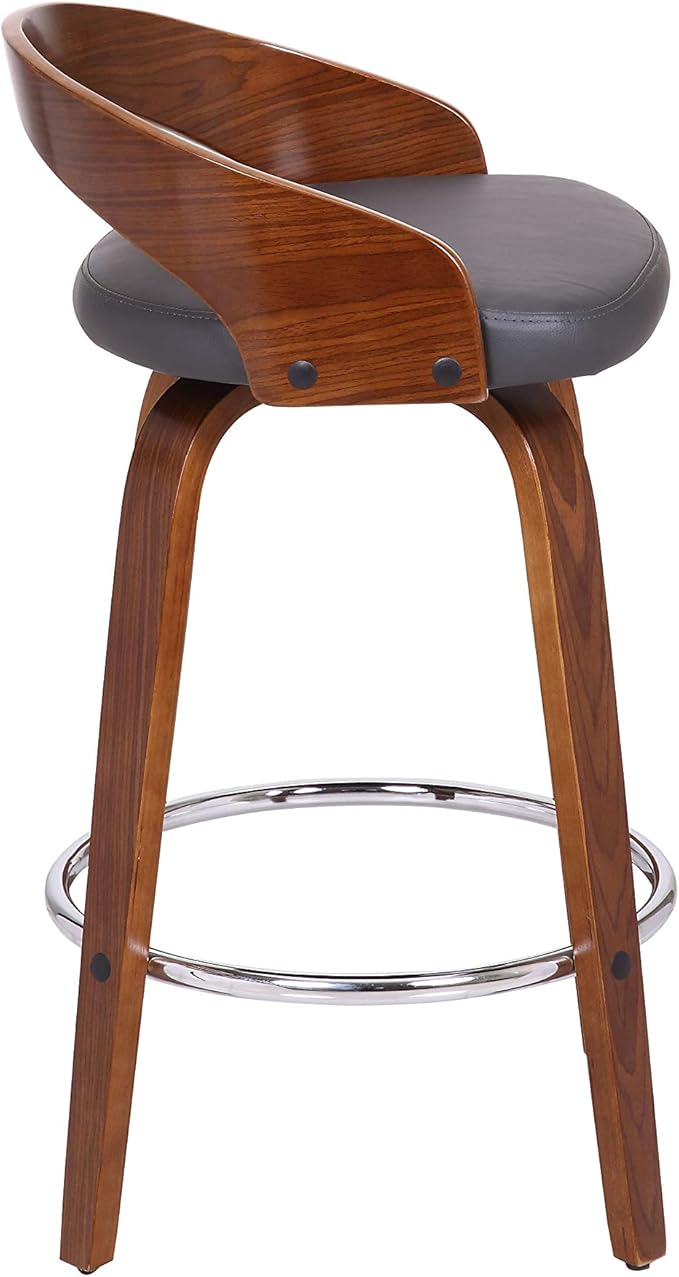 Armen Living Sonia 26" Counter Height Swivel Gray Faux Leather and Walnut Wood Bar Stool - Set of 2