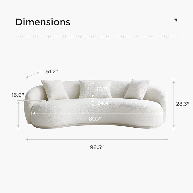 Acanva Mid Century Modern Curved Living Room Sofa, 4-Seat Boucle Fabric Couch for Bedroom, Office, Apartment, White