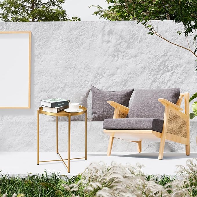 danpinera Gold Side Table, End Table for Small Spaces Outdoor Desk Round Metal Patio Coffee Nightstand Waterproof Removable Tray Desk for Living Room Bedroom Balcony Office