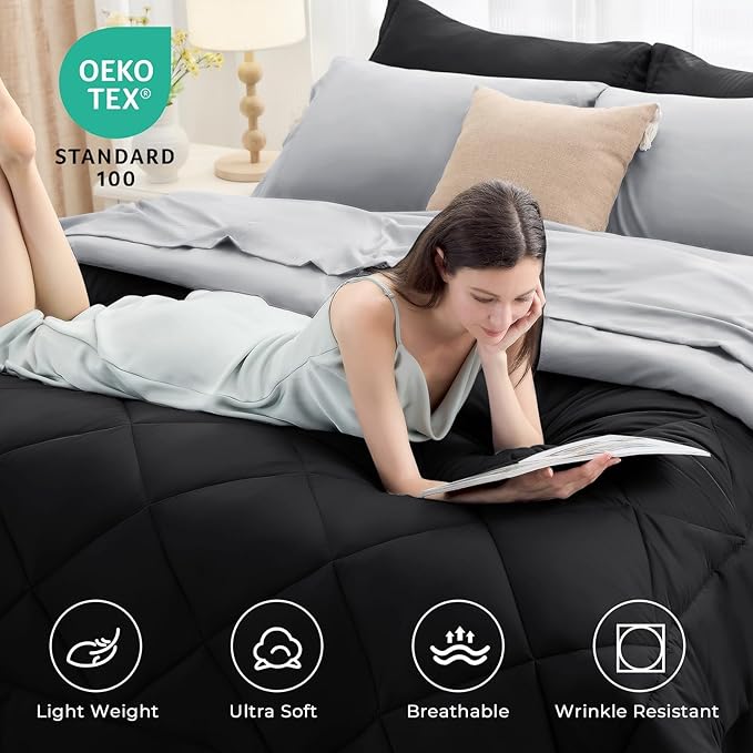 HEVUMYI Queen Comforter Set - 7-Piece All Season Bed in a Bag Queen, Ultra Soft Bedding Set with Comforter, Flat Sheet, Fitted Sheet, Pillowcases, Pillow Shams, Black & Light Grey
