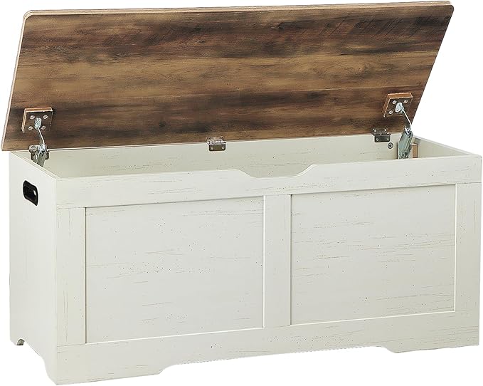39.4" Storage Chest, Wooden Storage Bench, Lift Top Toy Chest with 2 Safety Hinges, Large Toy Box, Entryway Bench for Living Room, Bedroom, Brown and Rustic White