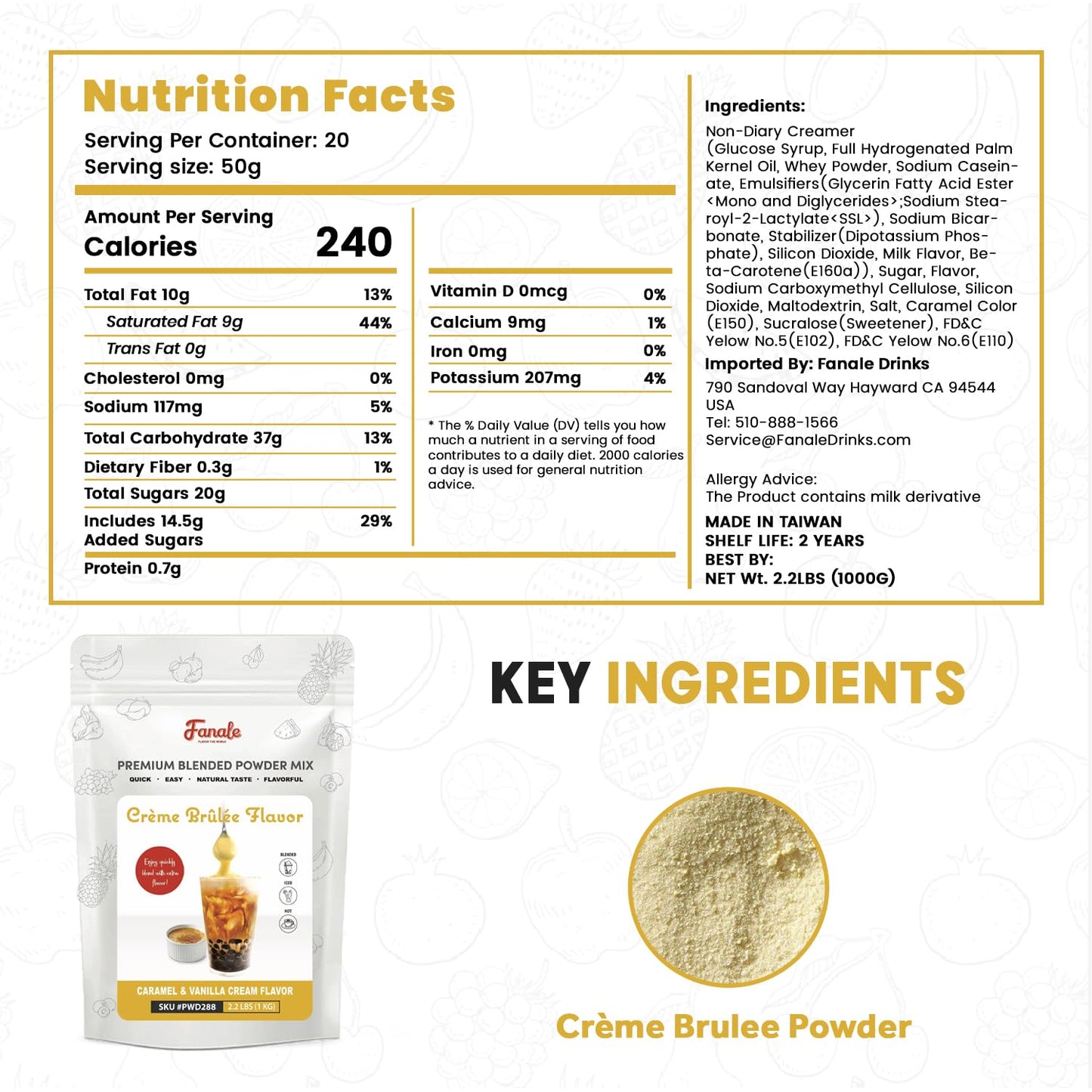 Fanale Premium Creme Brulee Bubble Tea Flavoring Powder | Perfect for Baking, Smoothies, Desserts and Drinks | Instant Flavoring Powder for Boba Milk Tea - 2.2 Pounds (Pack of 20).