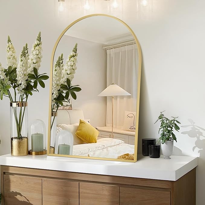 30" x 48" Gold Arched Mirror, Arch Wall Mirror, Metal Frame Black Bathroom Mirror, Arched Top Bathroom Vanity Mirror for Living Room, Bedroom, Entryway, Tempered Glass, Shatter Proof