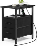 Vagusicc Black End Table with Charging Station, Narrow Side Table, 23.8'' Tall Nightstand with 2 Fabric Drawers, Small Sofa Side Table Narrow Nightstand for Small Spaces, Living Room, Bedroom, Black