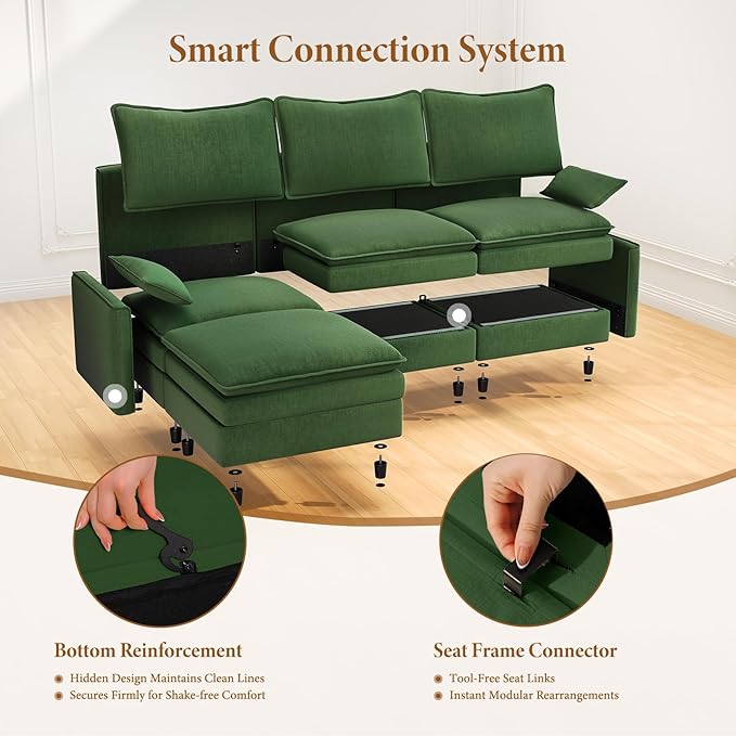 Vesgantti 142" Cloud Couch Sectional Modular Sofa, Comfy Sectional Couch with Ottoman Deep Seat Chenille L Shaped Sofa, Modular Couches for Living Room, Bedroom and Apartment, Green