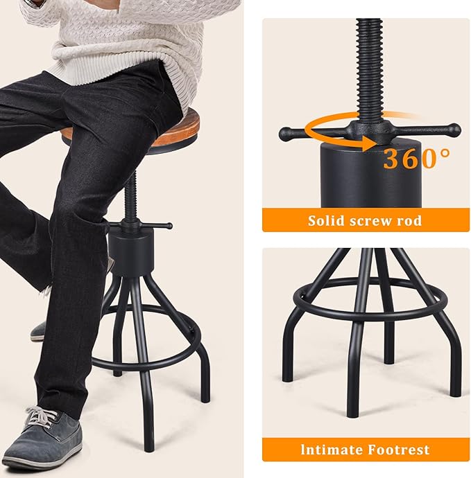 Diwhy Industrial Vintage Kitchen Counter Height Adjustable Bar Stool, Farmhouse French Stylish Kitchen Stool, Swivel Chair, Solid Wood Metal Chiar, Easy Installation, Fully Welded Set of 2 (Black)
