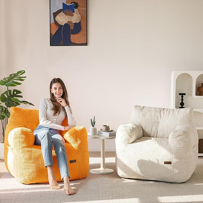 MAXYOYO Bean Bag Chair, Tufted Bean Bag Couch Lazy Chair, Living Room Sofa Couch with Filler for Adult Teens Kids, Corded Fabric Accent Sofa for Bedroom Dorm, Beige