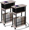 Side Table Set of 2,Side Table with Charging Station and Drawer, Narrow End Table with USB Ports and Outlets for Small Space, Living Room, Bedroom and Office, with 4 Wheels
