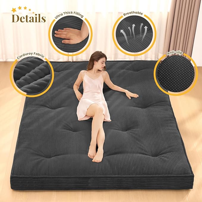 Japanese Floor Mattress, 4" Thicken Futon Mattress Full Size Sleeping Pad, Corduroy Foldable Mattress Pad Roll Up Tatami Mat Floor Mattress for Adults（Grey）