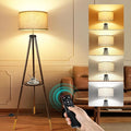 OUTON Wood Tripod Floor Lamp with Shelves, Mid Century Floor Lamp with Remote Control, 4 Color Temperature, LED Modern Dimmable Standing Lamp for Living Room, Bedroom, Office, Black & Gold
