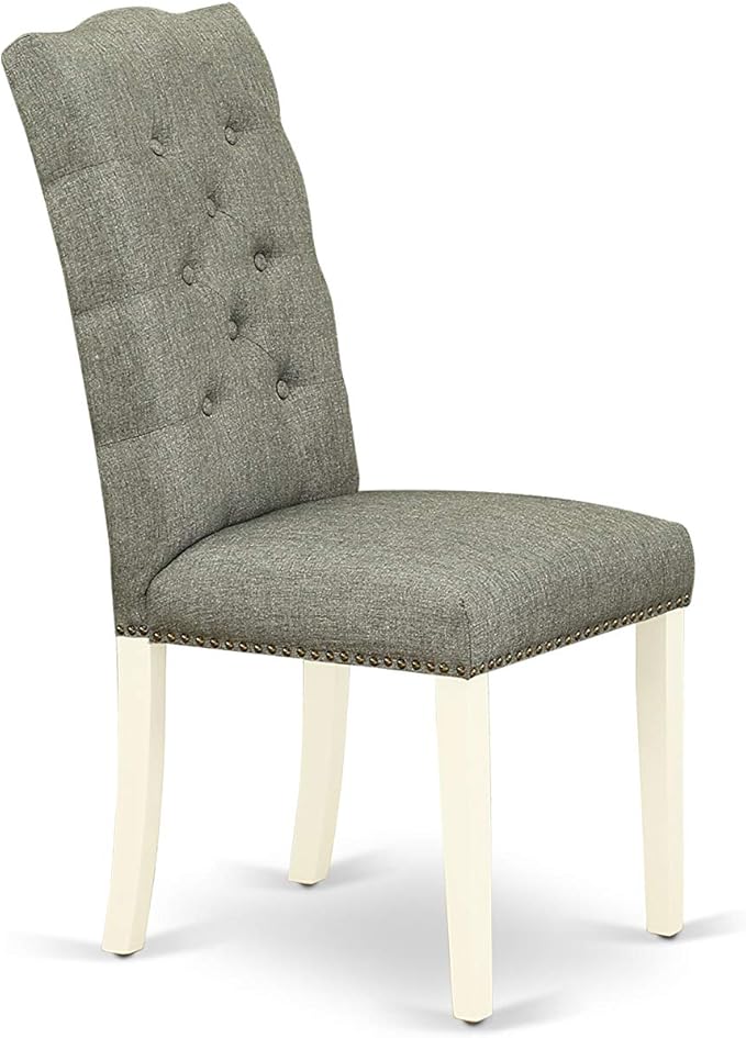 East West Furniture ELP2T07 Elsa Parson Dining Room Chairs - Button Tufted Nailhead Trim Gray Linen Fabric Padded Chairs, Set of 2, Linen White