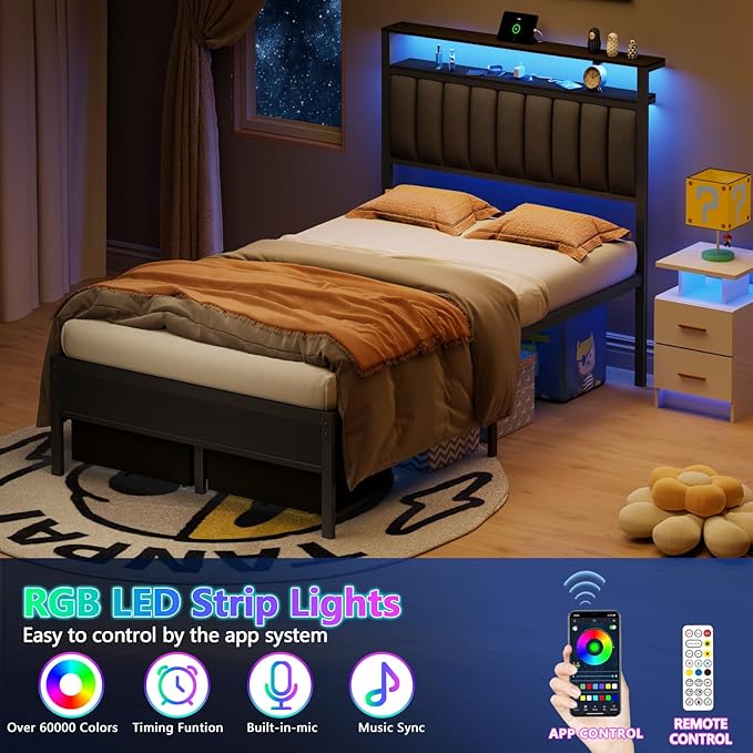 Furnulem Full Size Bed Frame with Charging Station and LED Lights, Grey Upholstered Headboard with Shelves, Metal Platform Bed with 2 Under-Bed Storage (Fabric Drawer on Wheels), No Box Spring Needed