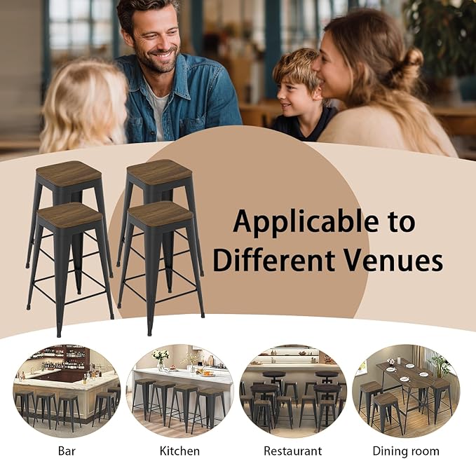 30 inch Backless Bar Stools Set of 4, Indoor Metal Bar Stools with Wood Seat, Industrial Counter Height Barstools for Kitchen Island, Black