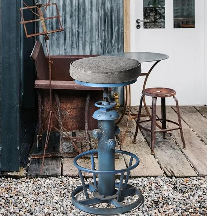 Topower American Antique Industrial Round Bottom Adjustable Height Cafe Coffee Retro Vintage Stylish Water Pipe Design Pub Kitchen Bar Stool (Antique Blue, PU Leather Top)