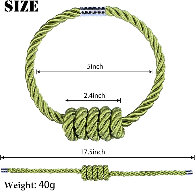 BEL AVENIR Magnetic Curtain Tiebacks, Decorative Drapery Holdbacks Modern Woven Tie-Backs with Exquisite Knot (Green, 2 Pack)