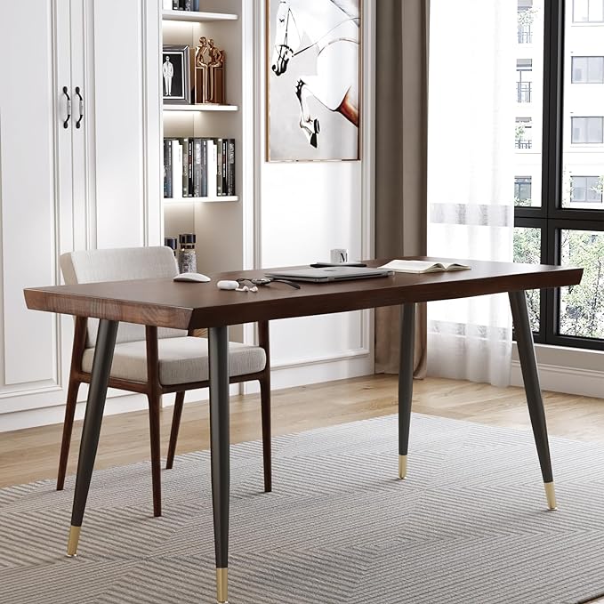 Modern Simple Style 55" Standing Desk Study Computer Desk - Black Metal Frame, Solid Wood Planks, for Home Office Bedroom