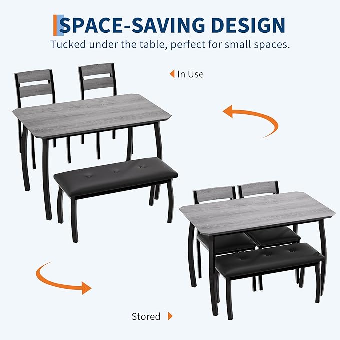 Dining Table Set for 4, Wooden Kitchen Table with Upholstered Bench & 2 Cushion Chairs, Space-Saving Dinette Set for Studio, Kitchen, Dining Room, Apartment(43''x28''x30''), Gray