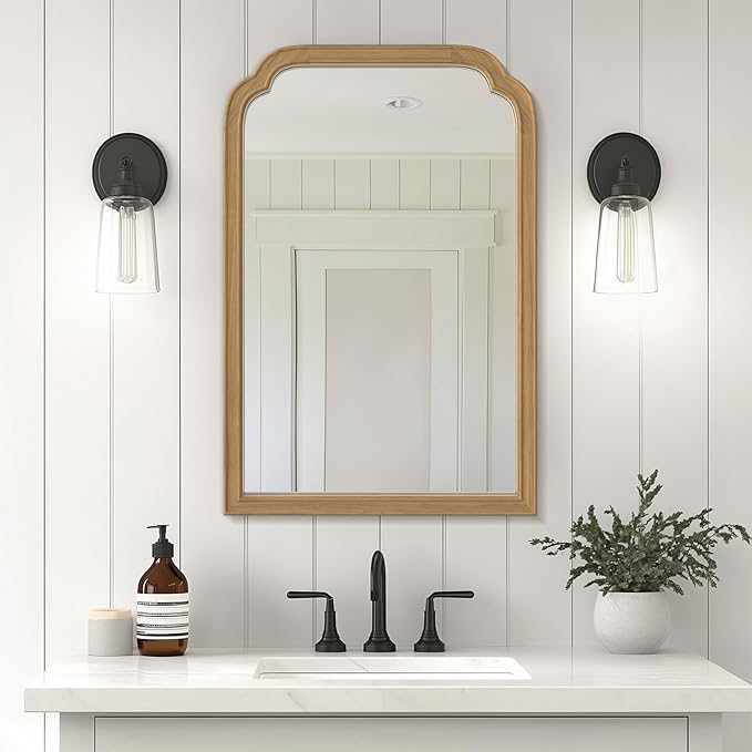 WallBeyond Wood Frame Wall Mirror Rounded Corner Arch Rectangle Mirror for Entryway, Living Room or Bedroom Home Decor - Light Woodgrain [20" x 30" Natural Color]