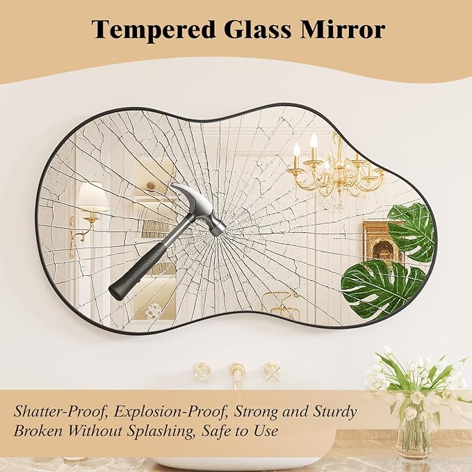 WEER Irregular Wall Mirror, 26x46 inch Black Asymmetrical Mirror Wall Mounted Mirrors Decorative, Abstract Wavy Aluminum Alloy Frame Mirror for Bathroom, Bedroom, Living Room, Entryway