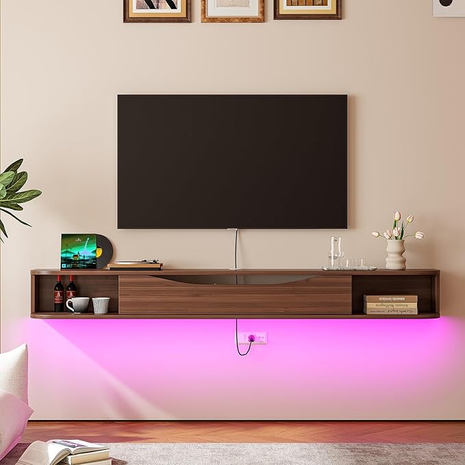 Floating TV Stand,78'' Wall Mounted TV Cabinet,Floating TV Console,Under TV Shelf with 1 Door and 2 Cabinets for TVs up to 78''(Walnut)
