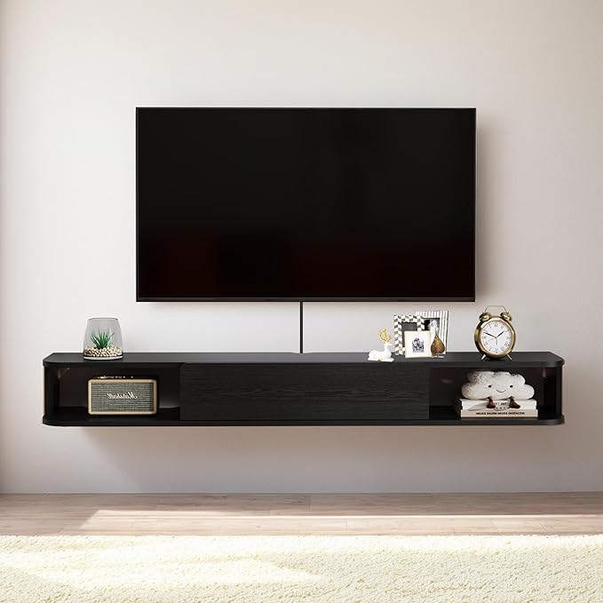 Pmnianhua Floating TV Stand with Drawer,66'' Wall-Mounted TV Cabinet,Floating TV Console,Under TV Entertainment Shelf with Storage for Bedroom Living Room(Black)