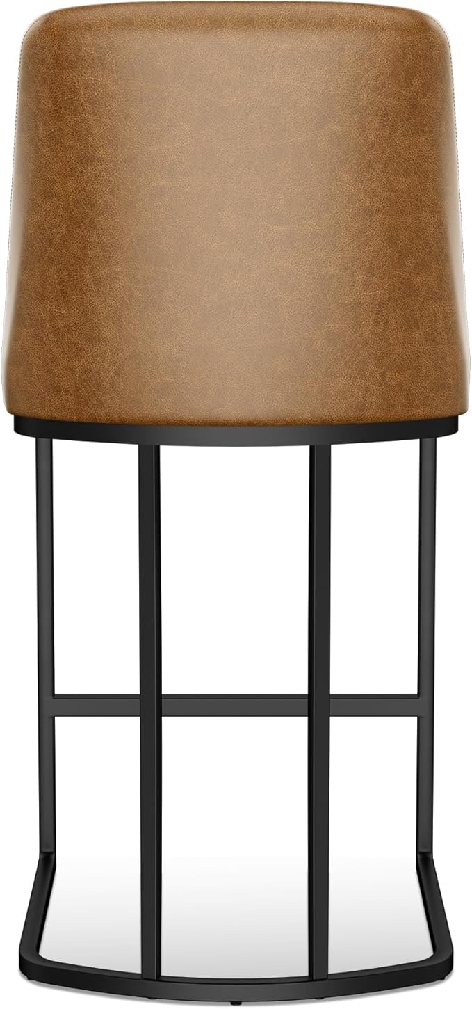 Bar Stools Set of 2, Faux Leather Counter Height Barstools, Upholstered Kitchen Counter Stools with Back and Stitching, 25.6" H Kitchen Island Stools Bar Chair, Metal Framed, Whisky Brown