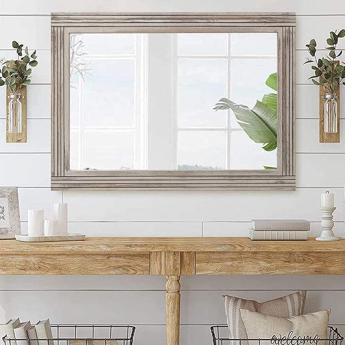 YOSHOOT Hand-Made Wooden Spliced Wall Mirror for Bathroom, Rustic Farmhouse Vanity Mirror, Décor Wall Art, Solid Wood Frame, Vertical or Horizontal Hanging, 60" x 36", Grey
