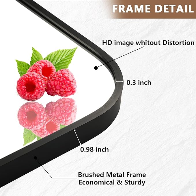 Matte Black Mirror, 22"x30" Rectangle Bathroom Mirror, Metal Frame Rectangle Corner Vanity Mirror, Wall Mounted Mirror for Modern, Living Room, Bedroom, Horizontal Or Vertical