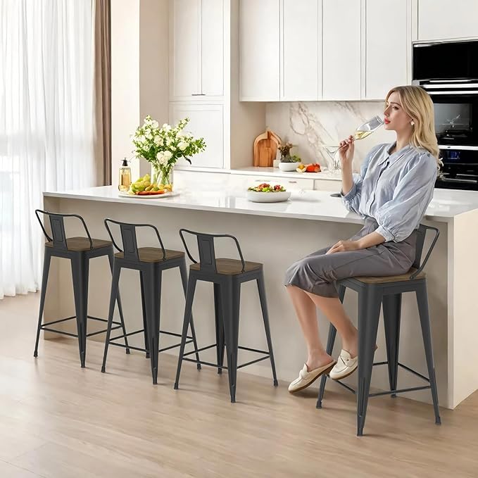 26 Inch Swivel Bar Stools Set of 4, Counter Height Bar Stools with Low Back, Metal Industrial Bar Chairs for Kitchen Island (Matte Black)