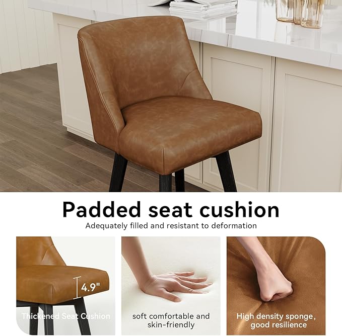 Vipbear Swivel Counter Height Bar Stools Set of 4,26.8" H Counter Stools with Back, Mid Century Modern Bar Stools for Kitchen Island,Faux Leather,Wooden Base, Brown
