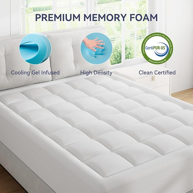 ELEMUSE Queen Dual Layer 3 Inch Memory Foam Mattress Topper, 1 Inch Plush Feel Pillow Top Mattress Topper Cover and 2 Inch Cooling High Density Memory Foam Bed Pad for Back Pain Relief