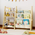 Toy Storage Organizer with Kids Bookshelf, Montessori Wooden Toy Organizer Book Shelf for Kids Rooms, Nursery, Playroom, Child, Baby, Toddler Bookcase, Toys Rack Fabric Sling Book Shelves