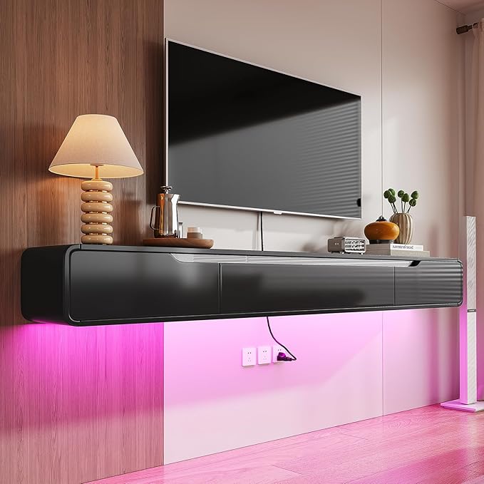 Fully-Assembled Floating TV Stand with Drawers, 94IN High Gloss Wall Mounted Entertainment Center, Modern Media Console with Storage, Under TV Shelf for Bedroom Living Room Black
