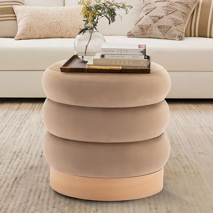 COLAMY Velvet Ottoman Footstool, Tufted Modern Foot Rest Stool with Wood Base for Living Room, Bedroom, Desk, Round Versatile Side End Table, Pouf, Makeup Seat,2pcs,Camel