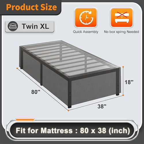18 Inch Twin XL Bed Frames with Black Bed Cover, Metal Bed Frame Twin XL No Box Spring Needed, Heavy Duty Mattress Foundation, Easy Assembly, Noise Free