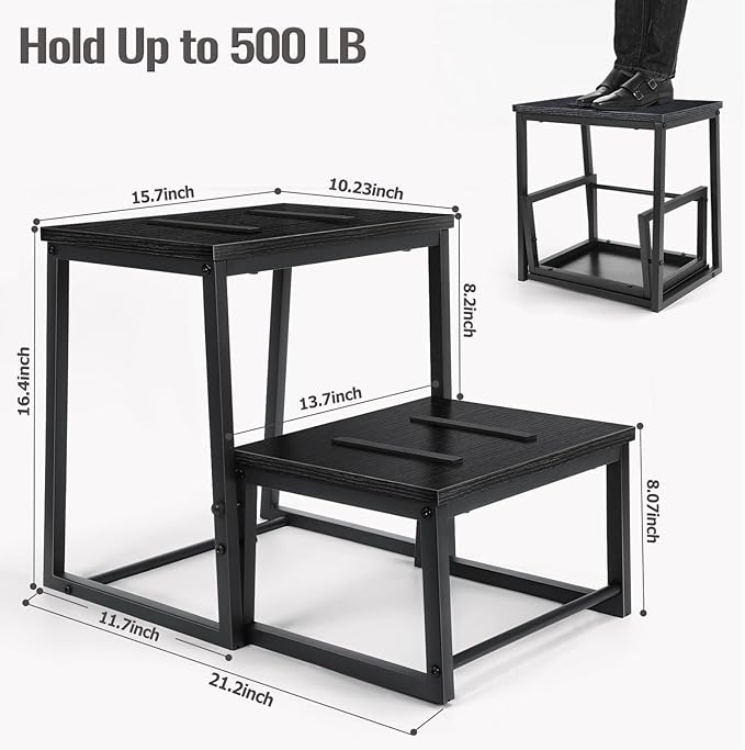 Vrisa Step Stool for Adults Wooden 2 Steps Footstool Heavy Duty RV Bedside Stepping Stool for High Beds with Metal Frame Hold Up 500LB Foot Stool for Kitchen Bathroom Bedroom, Black