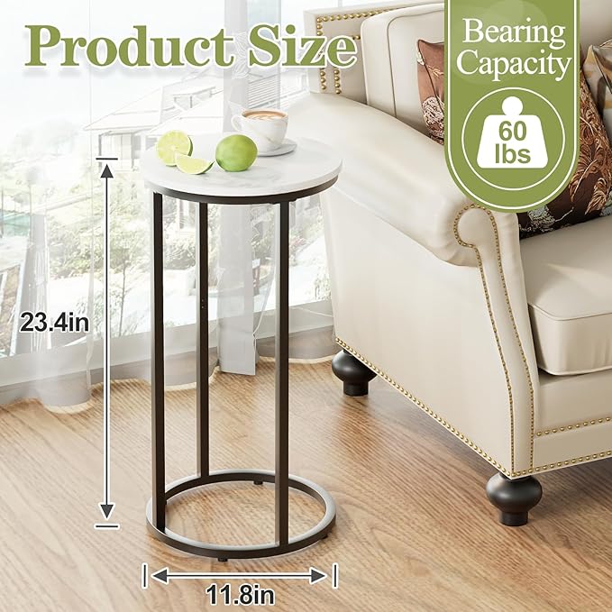 C Shaped End Table, Couch Side Tables for Living Room, Round Sofa End Table with Metal Frame, Small Wooden Snack Table for Bedroom, Small Spaces, Easy Assembly (Black)