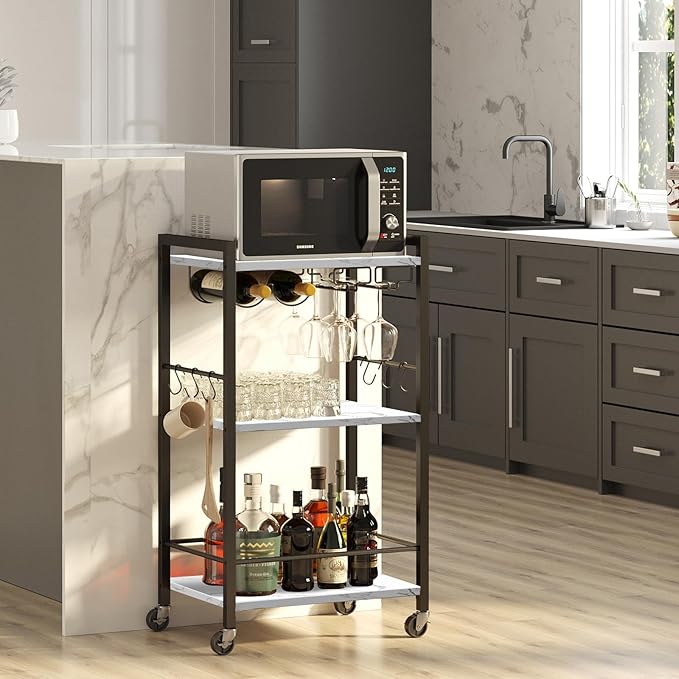 TUTOTAK Bar Cart, Home Bar Serving Cart, Small Wine Cart with 3-Tier Shelf, Beverage cart, Drink Cart with Wine Rack and Glass Holder, Rolling bar carts for Home, Living Room, Marble White BC01BM035