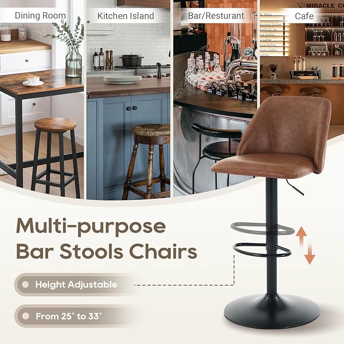 COLAMY Bar Stools Set of 4, Modern Swivel Bar Chairs, Adjustable PU Leather Upholstered Barstools Counter Height with Full Backrest for Bar, Dining Room, Kitchen Island, Brown