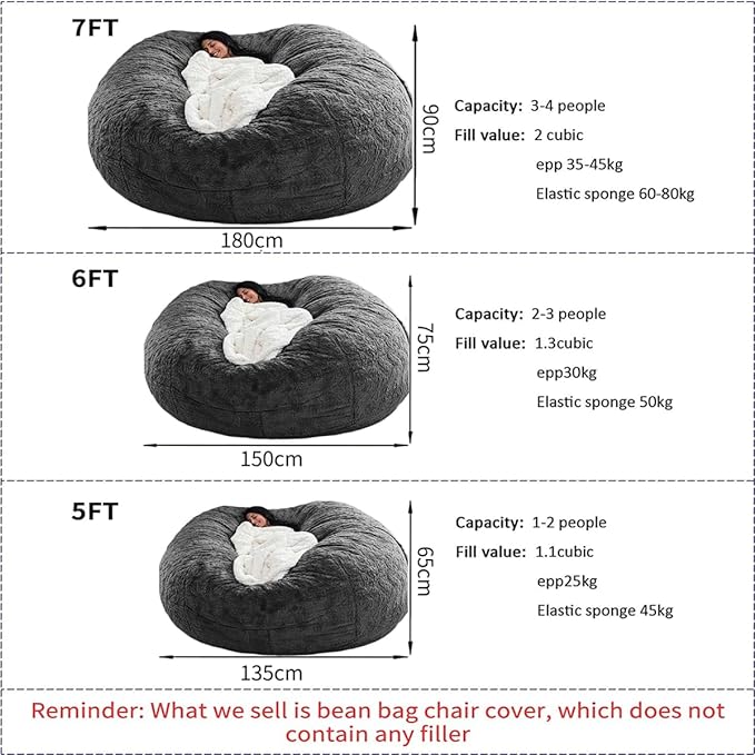 Bean Bag Chair for Adults Kids Without Filling Comfy Oversized Round Lazy Sofa Bean Bag Cover for Stuffed Animal Storage Bedroom Living Room Chairs, 6FT, Silver Blue